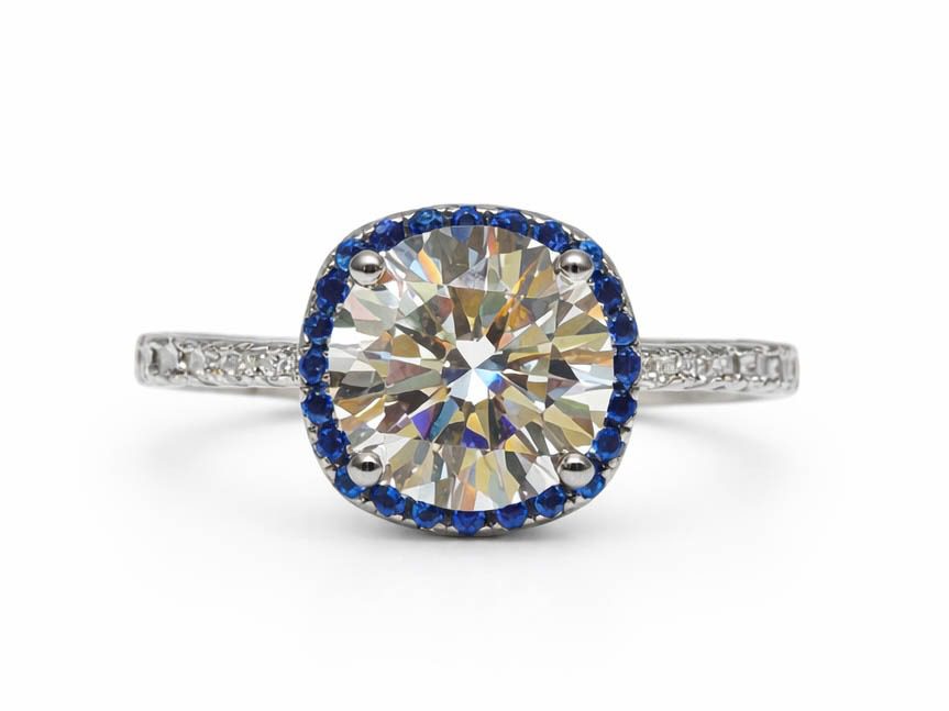 Anello solitario blu argento